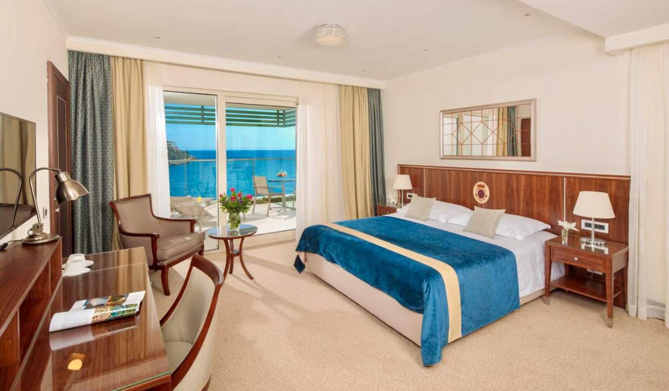 Large hotel room with large balcony overlooking the Adriatic Sea at Hotel More in Dubrovnik, Croatia