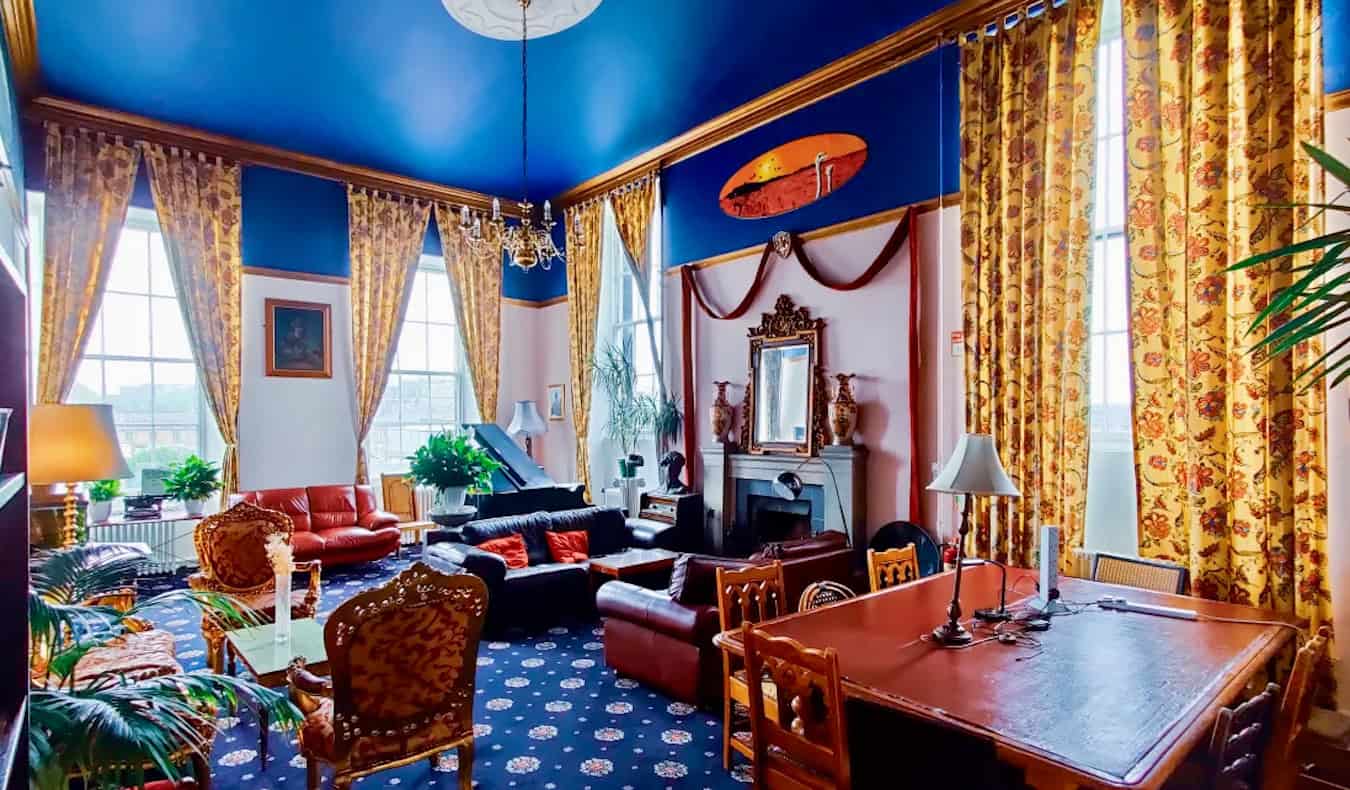 The cool, royal interior of the Castle Rock hostel in Edinburgh, Scotland