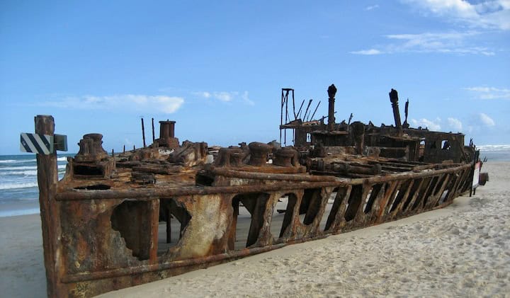 The famous wreck on Fraser Island, all rusted and weathered, in Australia