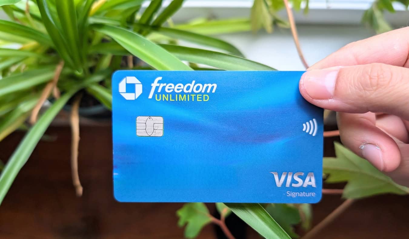 The Chase Freedom Unlimited card held up in front of plants on a windowsill