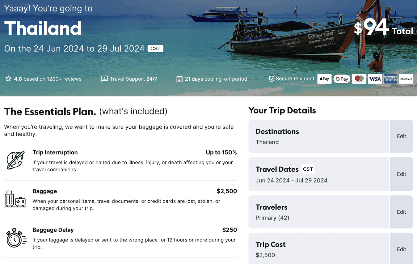 A screenshot of an insurance quote from Freely Travel Insurance