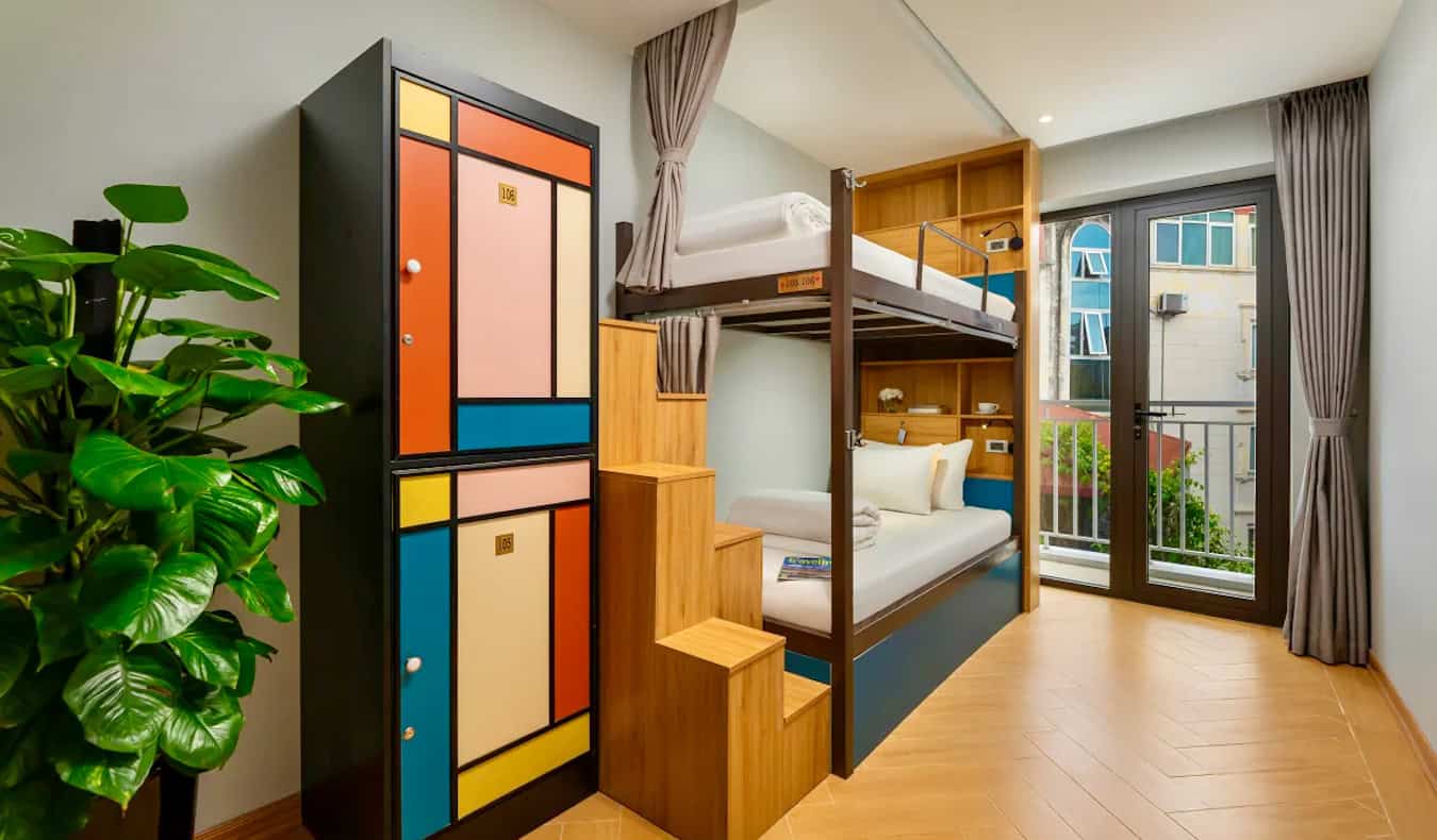 A clean abd bright dorm room with bunk beds at the Old Quarter View Hostel in Hanoi, Vietnam