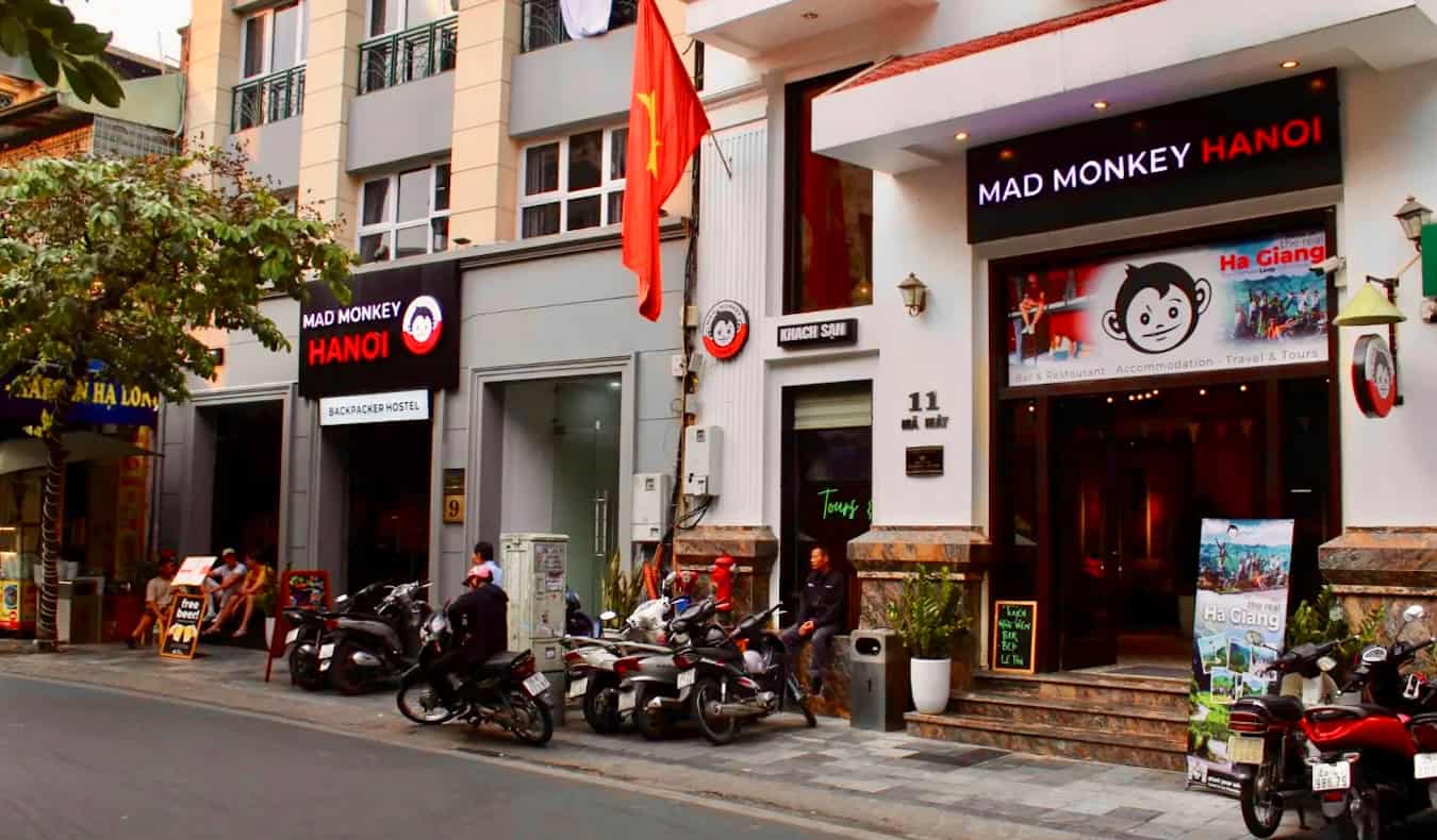 The busy exterior of the Mad Monkey party hostel in Hanoi, Vietnam
