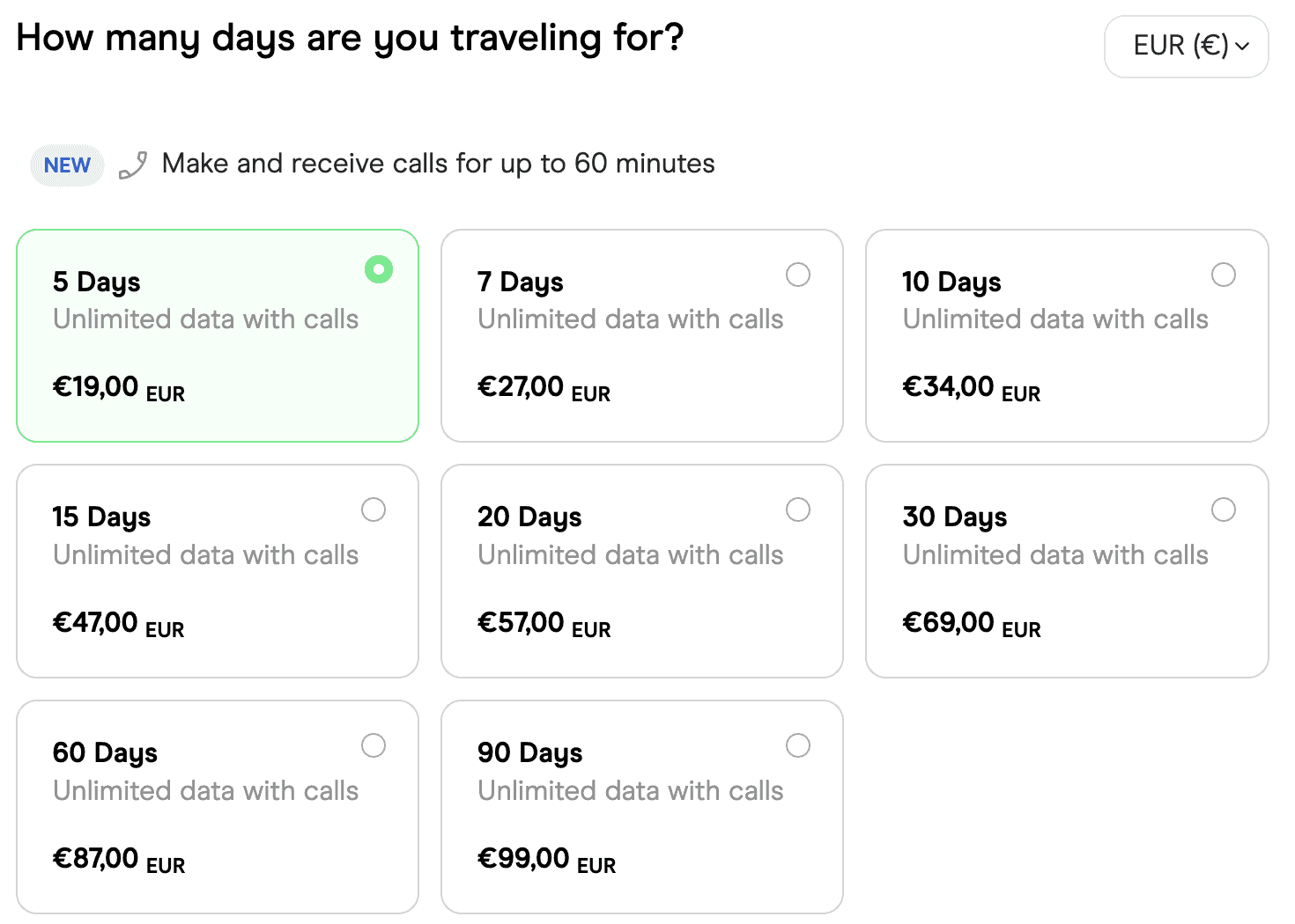 a Holafly eSIM screenshot from their website with prices for eSIMs in Europe