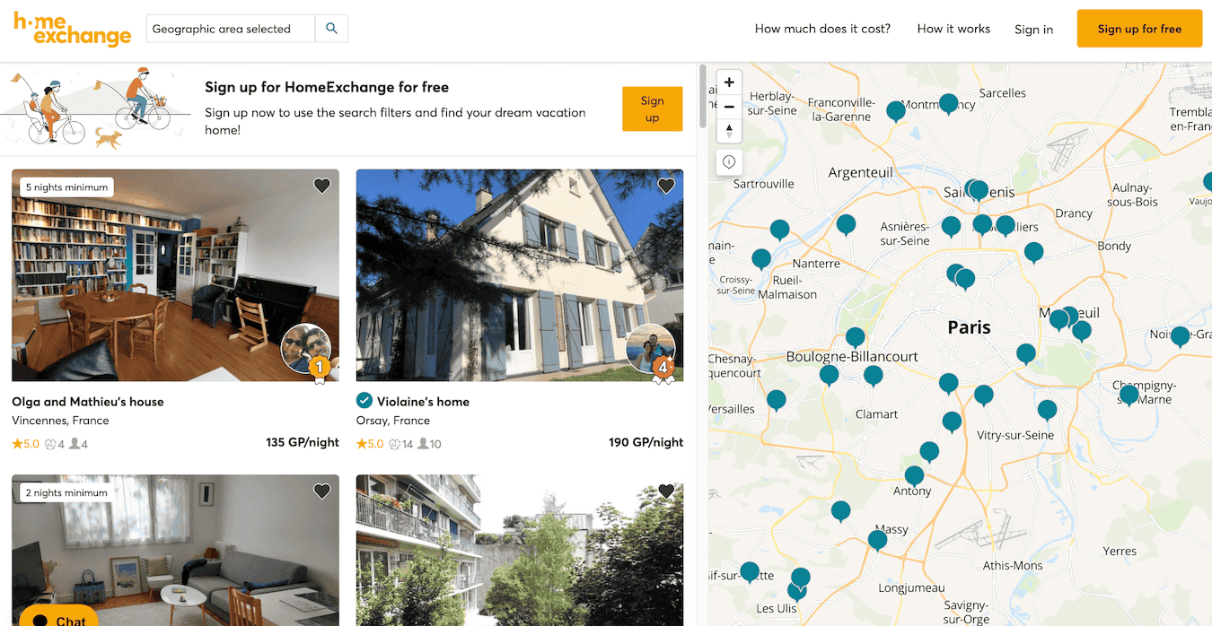 A screenshot of the HomeExchange website showing a map of where people can book a home exchange