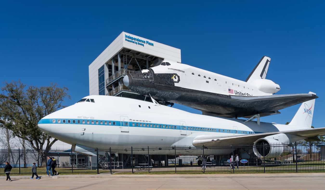 A huge Boeing 747 with a replica space shuttle atop it at the Space Center Houston, Texas, USA