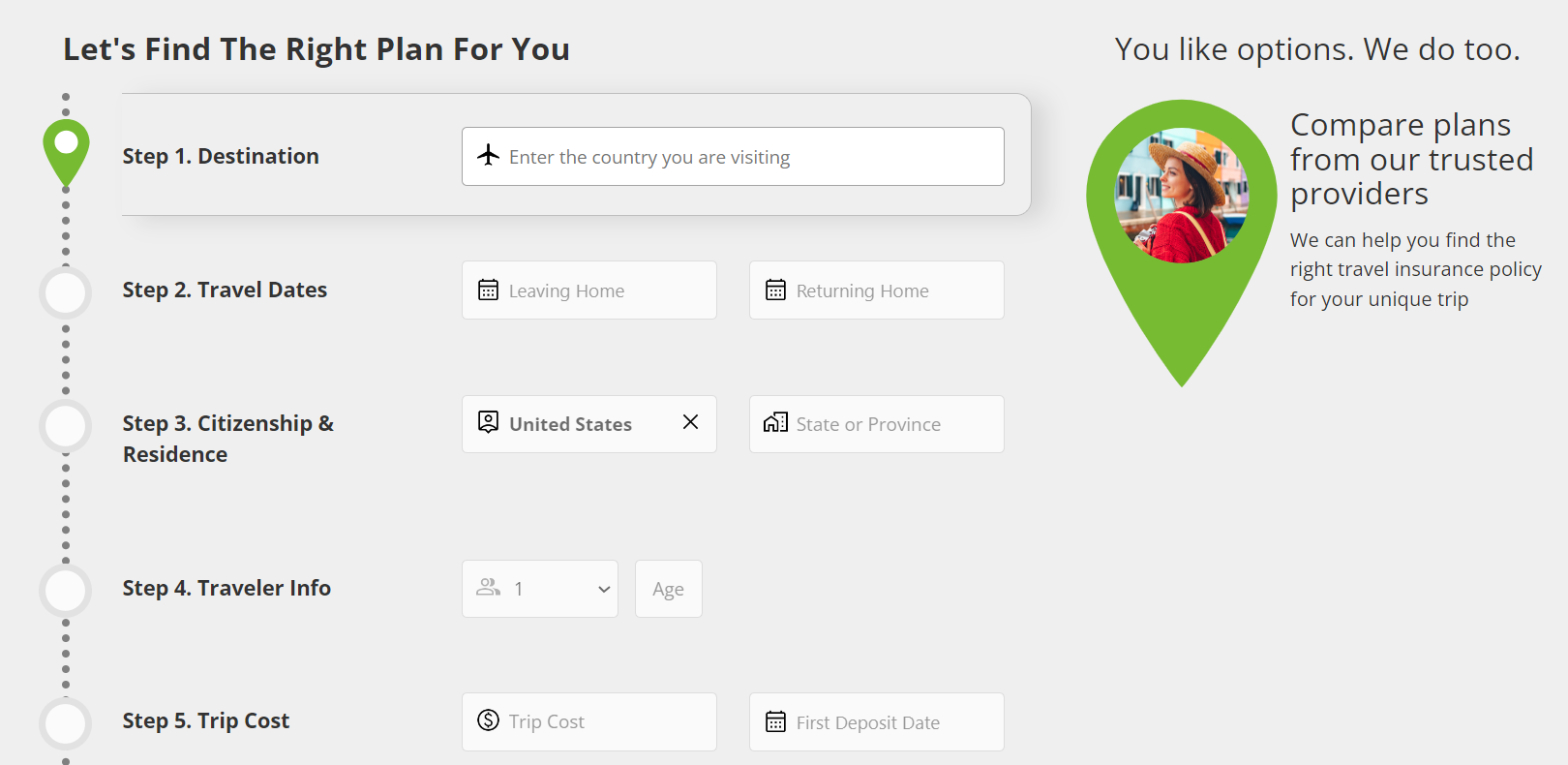 Screenshot of the InsureMyTrip website showing fill-in-the-blank options to build a quote