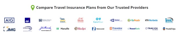 Screenshot of the InsureMyTrip website showing the 20 insurance providers they work with
