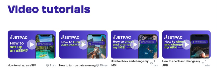 a screenshot of the Jetpac website showing all the different video tutorials available to help you set up your eSIM