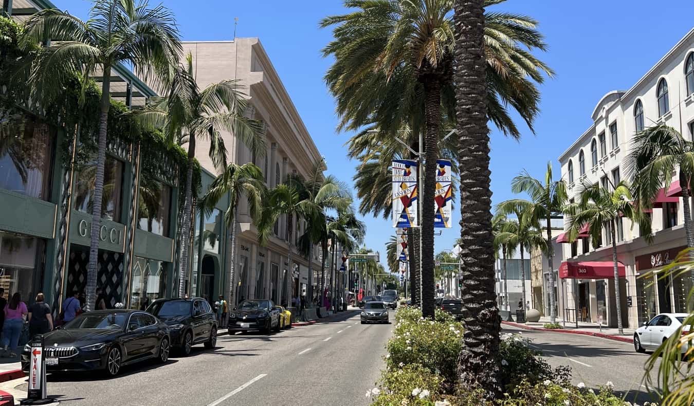 Streetscape in Beverly Hills, Los Angeles, with palm trees and expensive shops