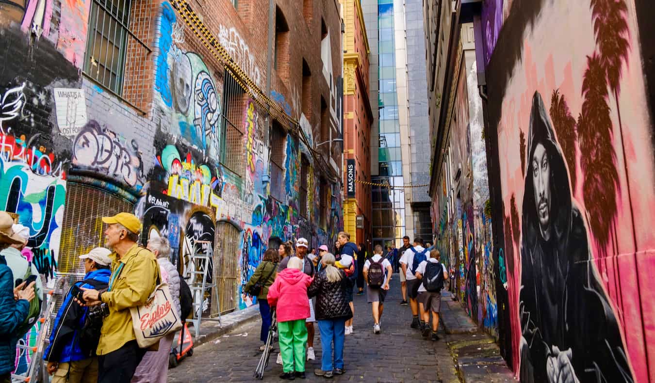 Cool street art and murals on a narrow road in Melbourne, Australia