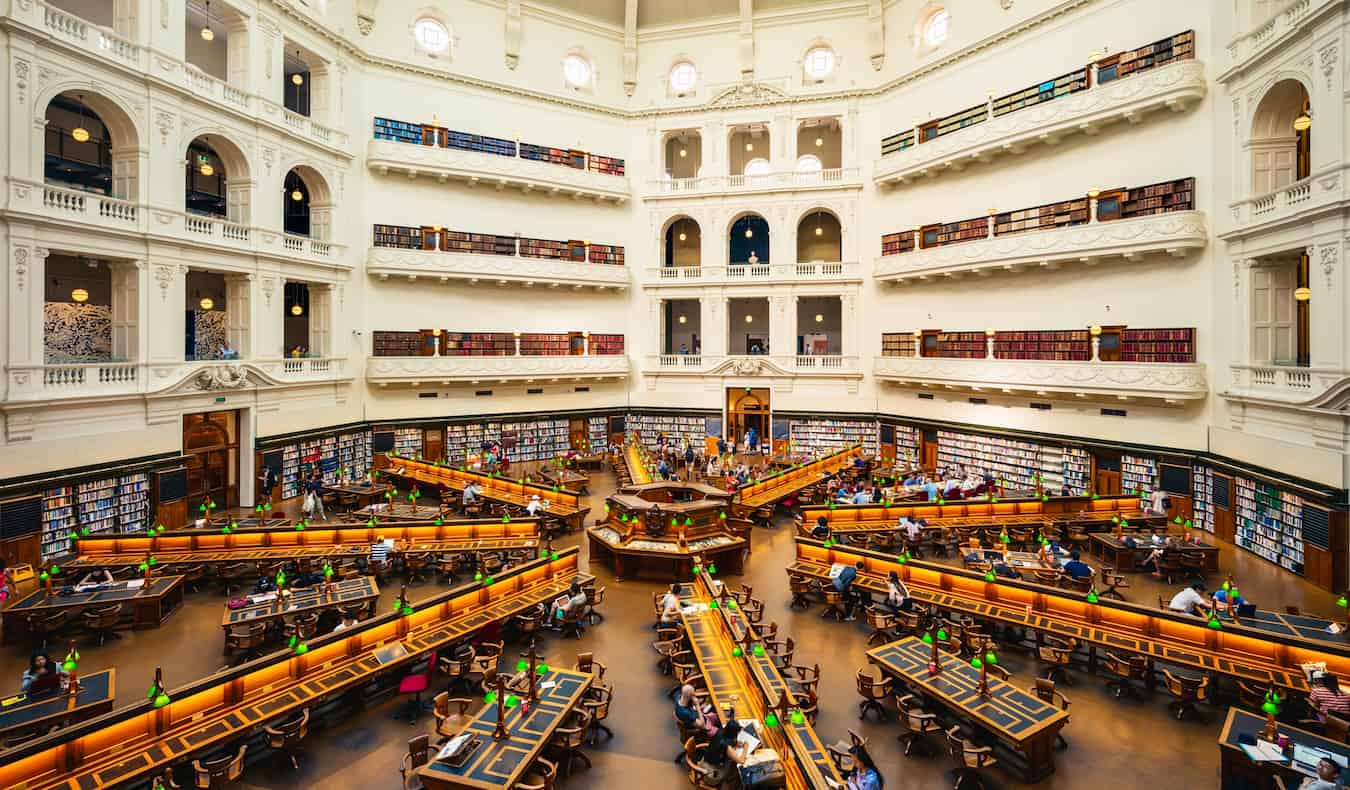 The stately and spacious interior of the State Library in Melbourne, Australia