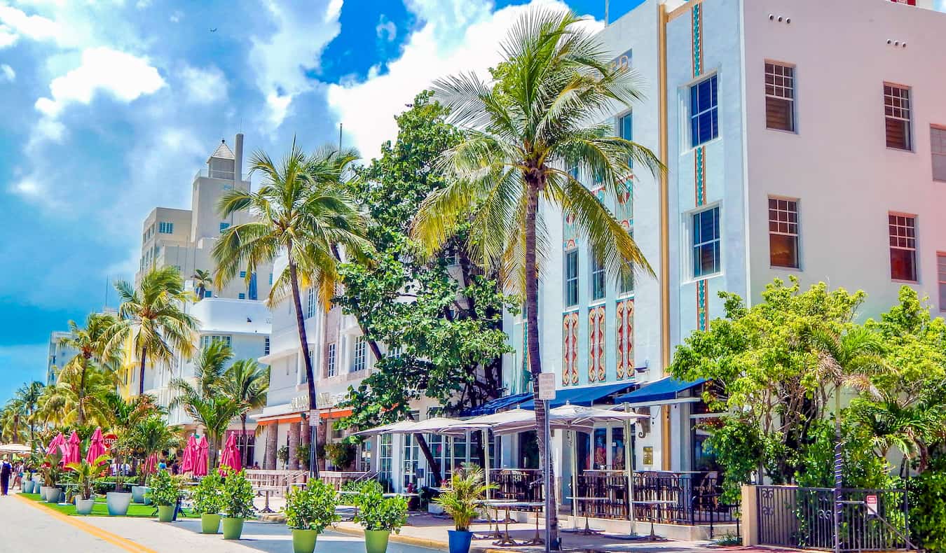 Charming Art Deco buildings along Ocean Drive in South Beach, Miami on a sunny day 