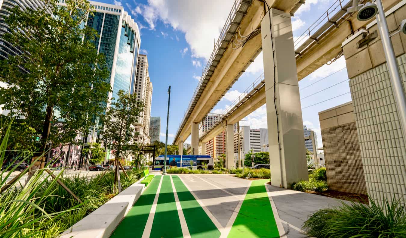 The Underline, a walking path in Brickell, Miami on a sunny day in the city