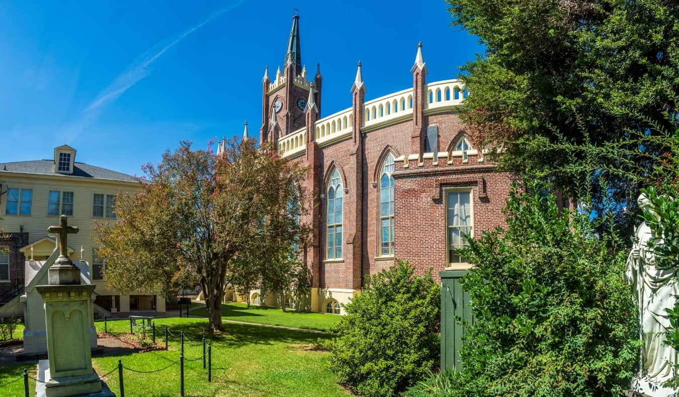 The churchyard and exterior of St. Mary's Basilica in Natchez, Mississippi USA