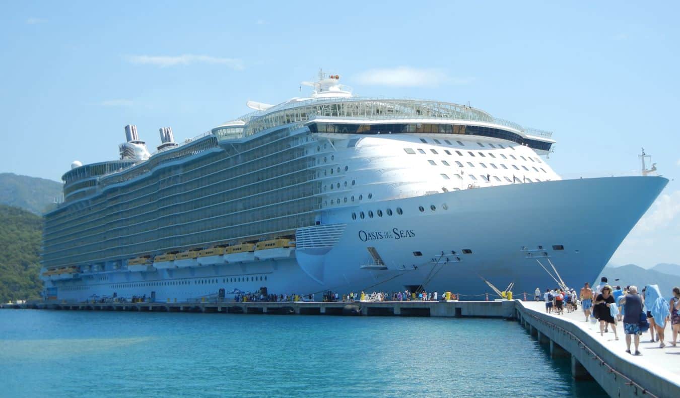 A massive cruise ship docked in the harbor