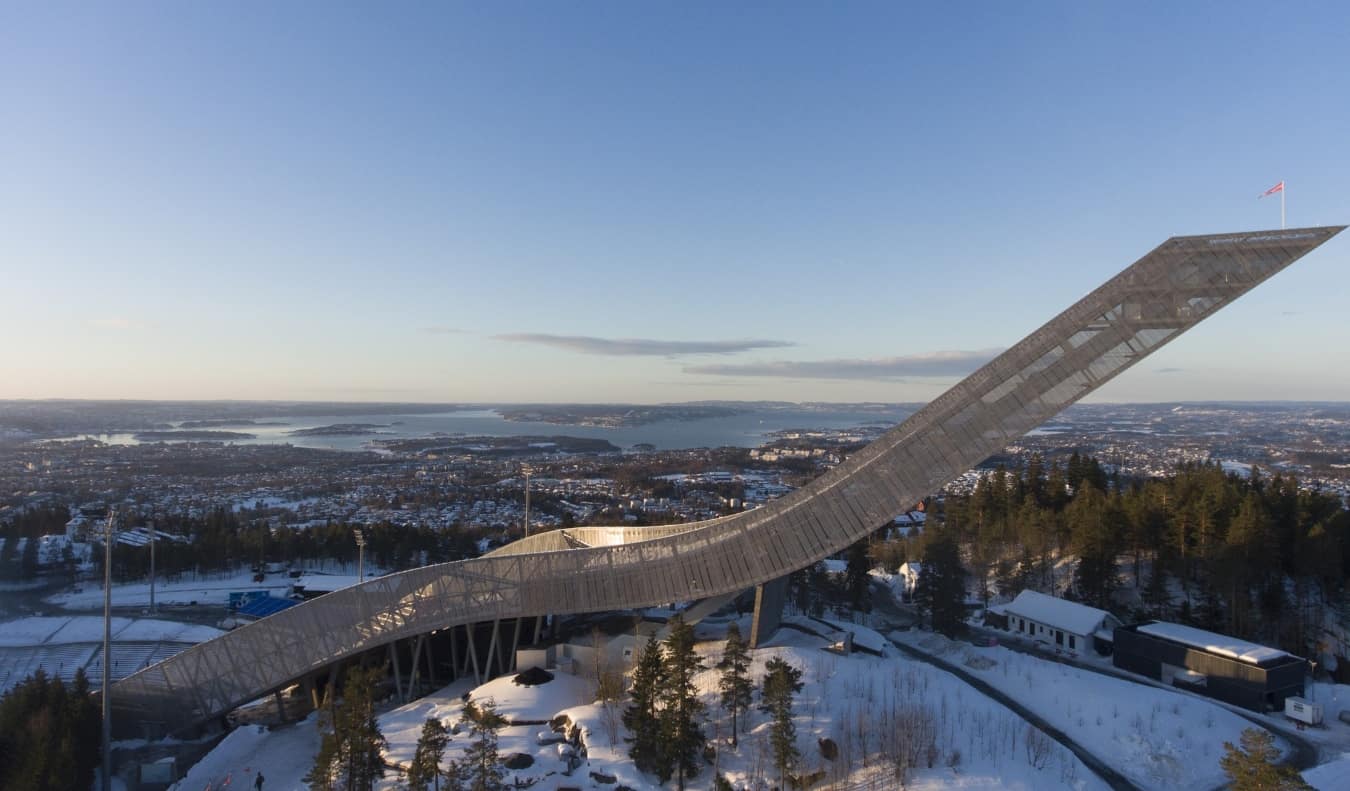 A wintery view of Oslo, Norway and the old Olympic ski jump in Holmenkollen