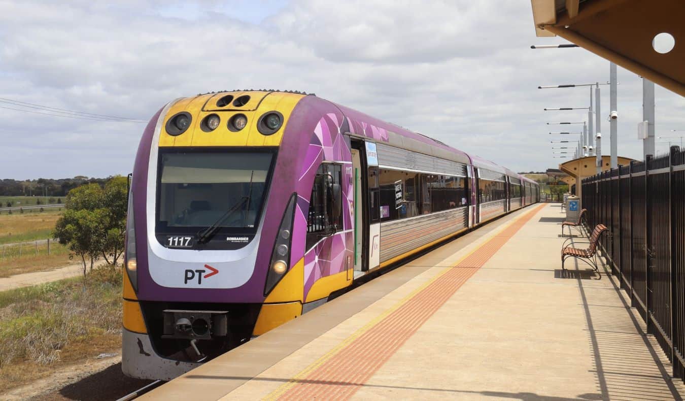 A modern train at a station in Australia