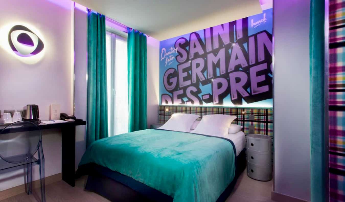 A funky and colorful hotel room at Hotel Wyld in Paris, France