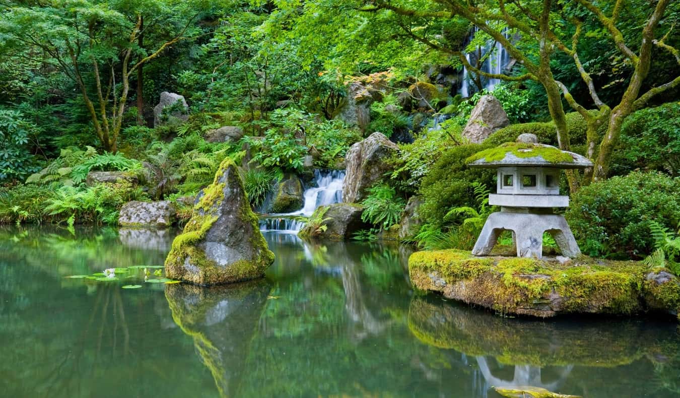 A beautiful waterfall in the Japanese Garden in Portland, Oregon