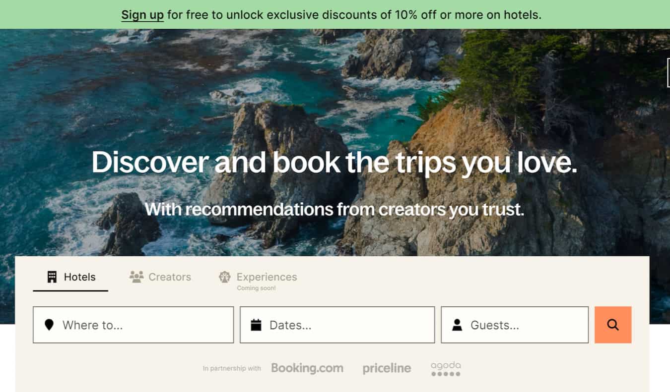 A screenshot from the Plannin hotel booking website's homepage