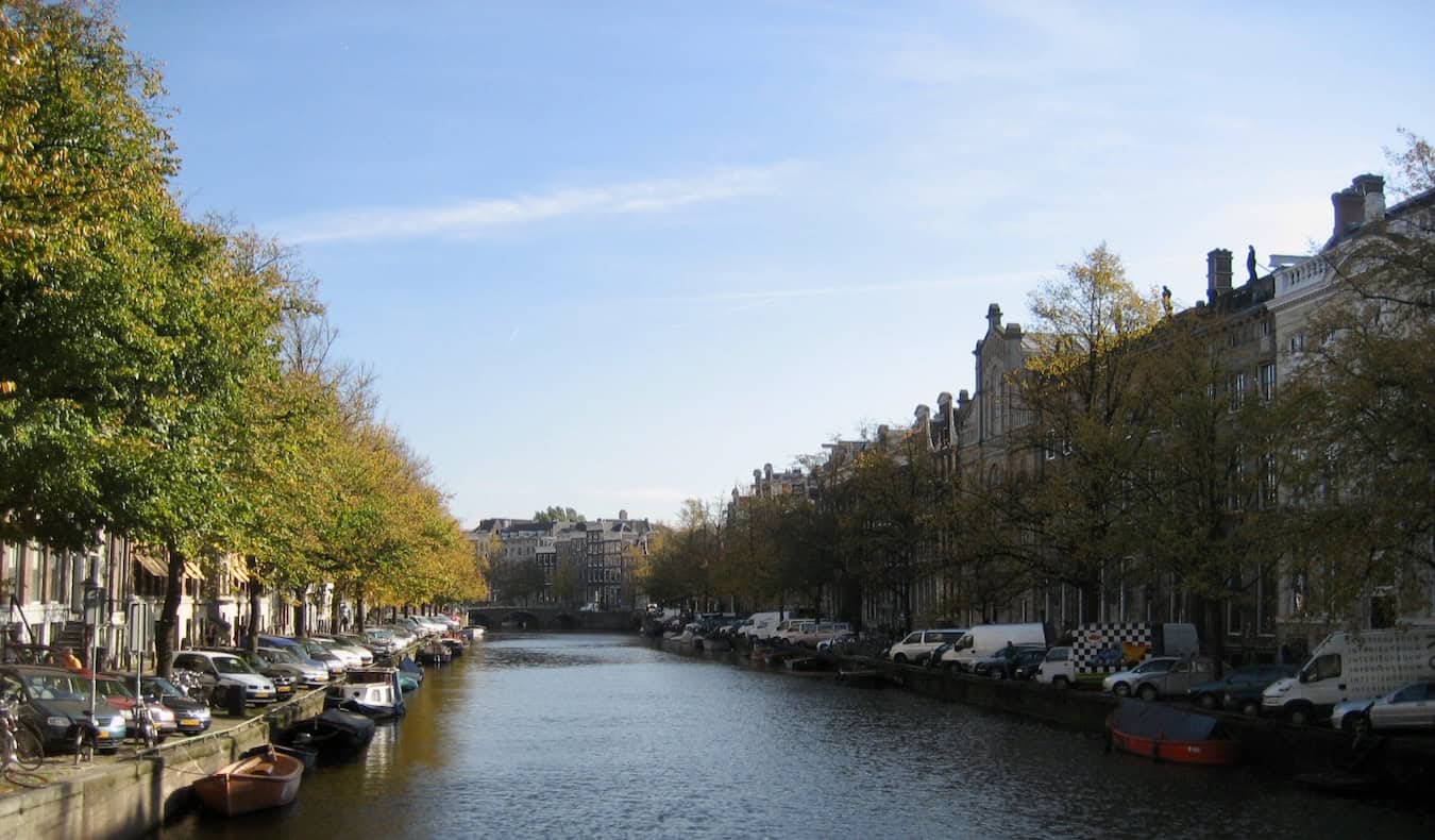 One of the many quiet, scenic canals in beautiful Amsterdam, Netherlands
