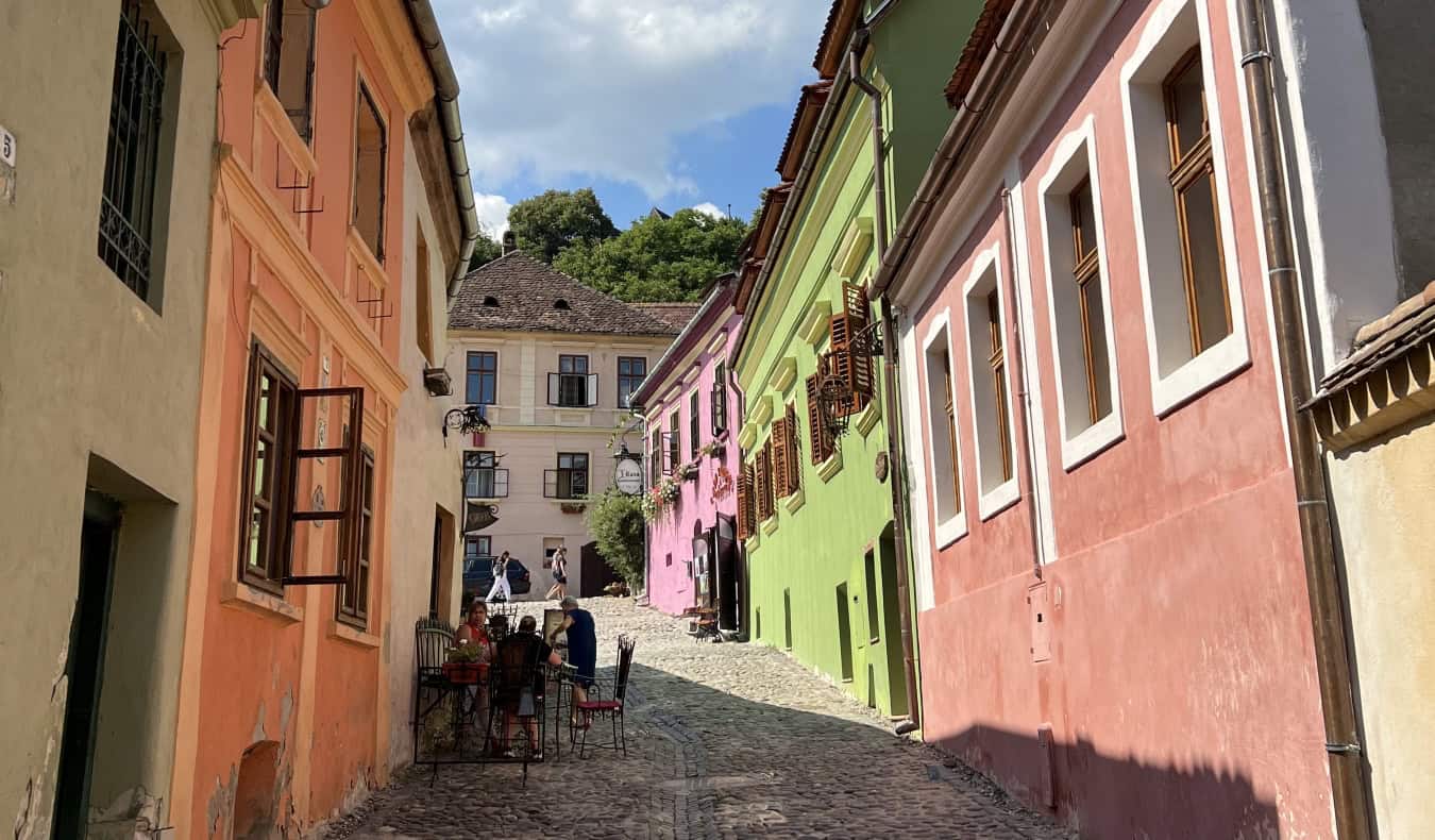 Brightly colored, traditional houses in the Transylvania region of Romania