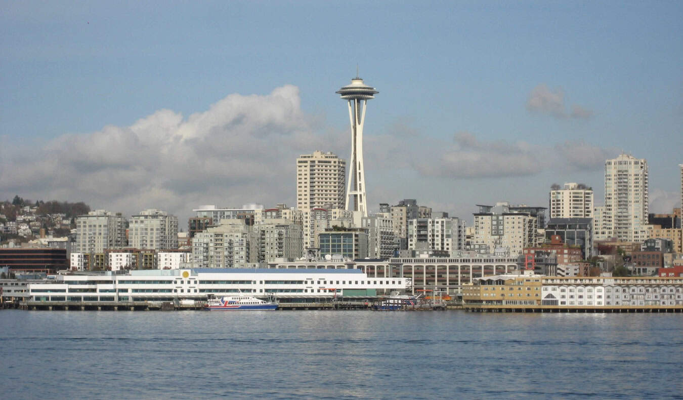 The skyline of Seattle from the water, with the Space Needle featuring prominently