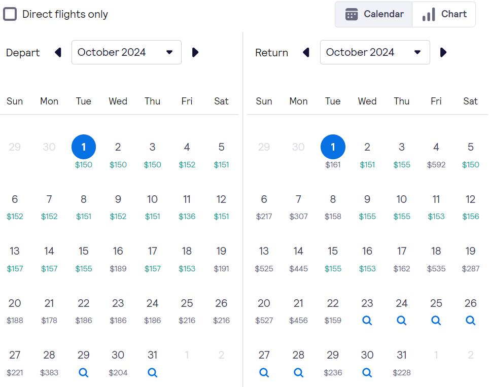 Skyscanner website calendar screenshot with various travel dates