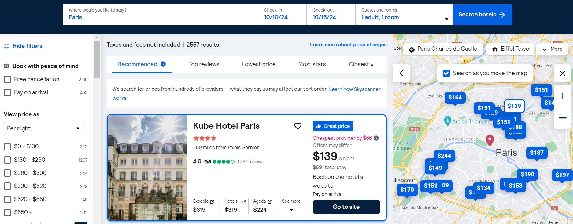 Skyscanner hotel search function with a map and list of hotels in Paris, with pricing and amenities listed