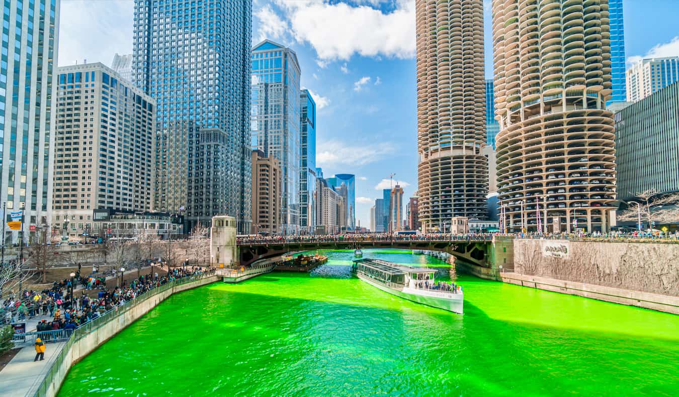 A bright green river in Chicago during the rowdy St. Patrick's Day celebrations