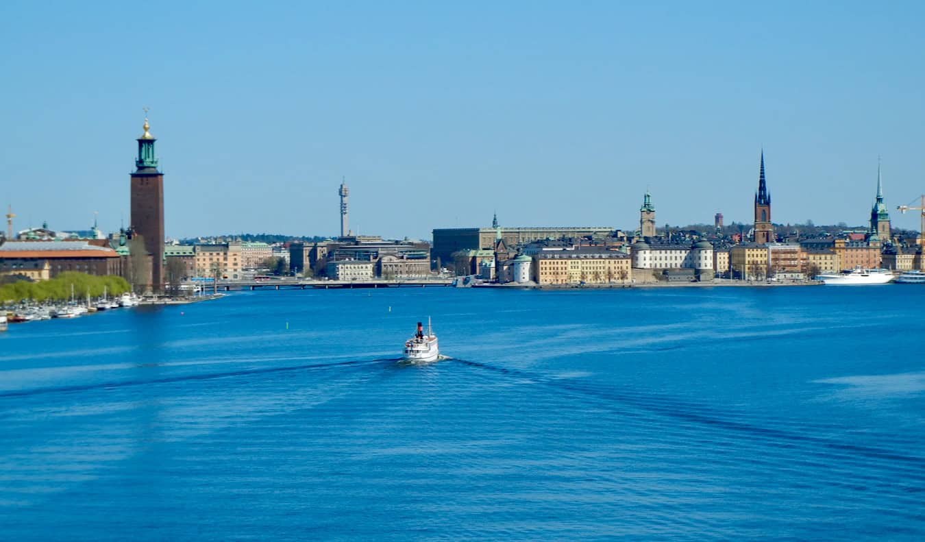 A view of the harbor and waterfront in Stockholm, Sweden during the summer