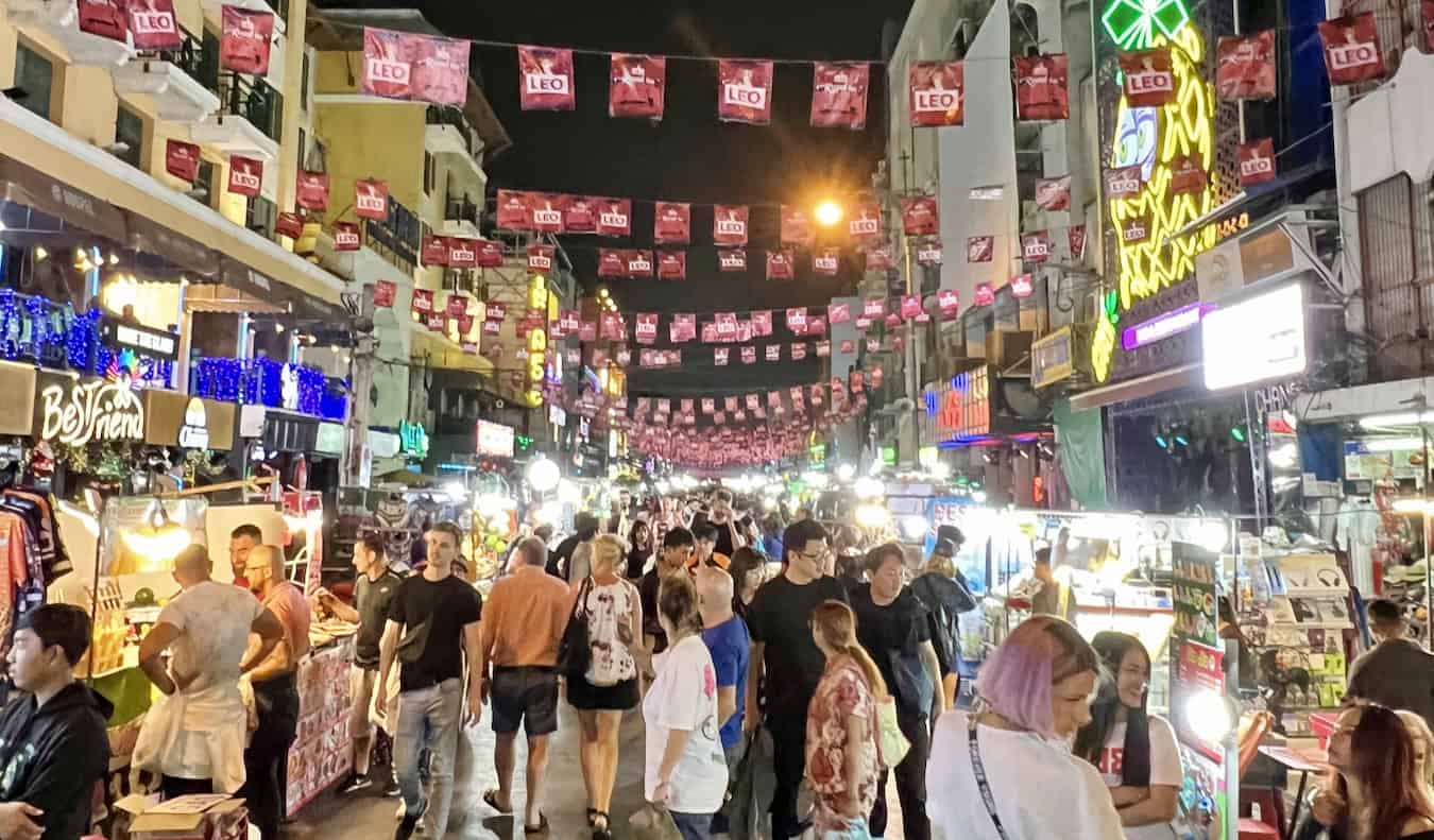 A busy street in Bangkok, Thailand at night