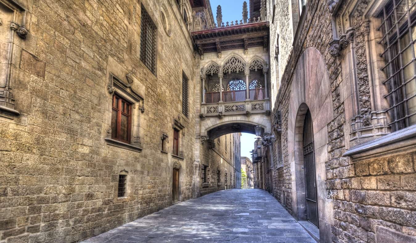 The Bridge of Sighs, an intricately designed covered walkway connecting two buildings in Barcelona's gothic quarter