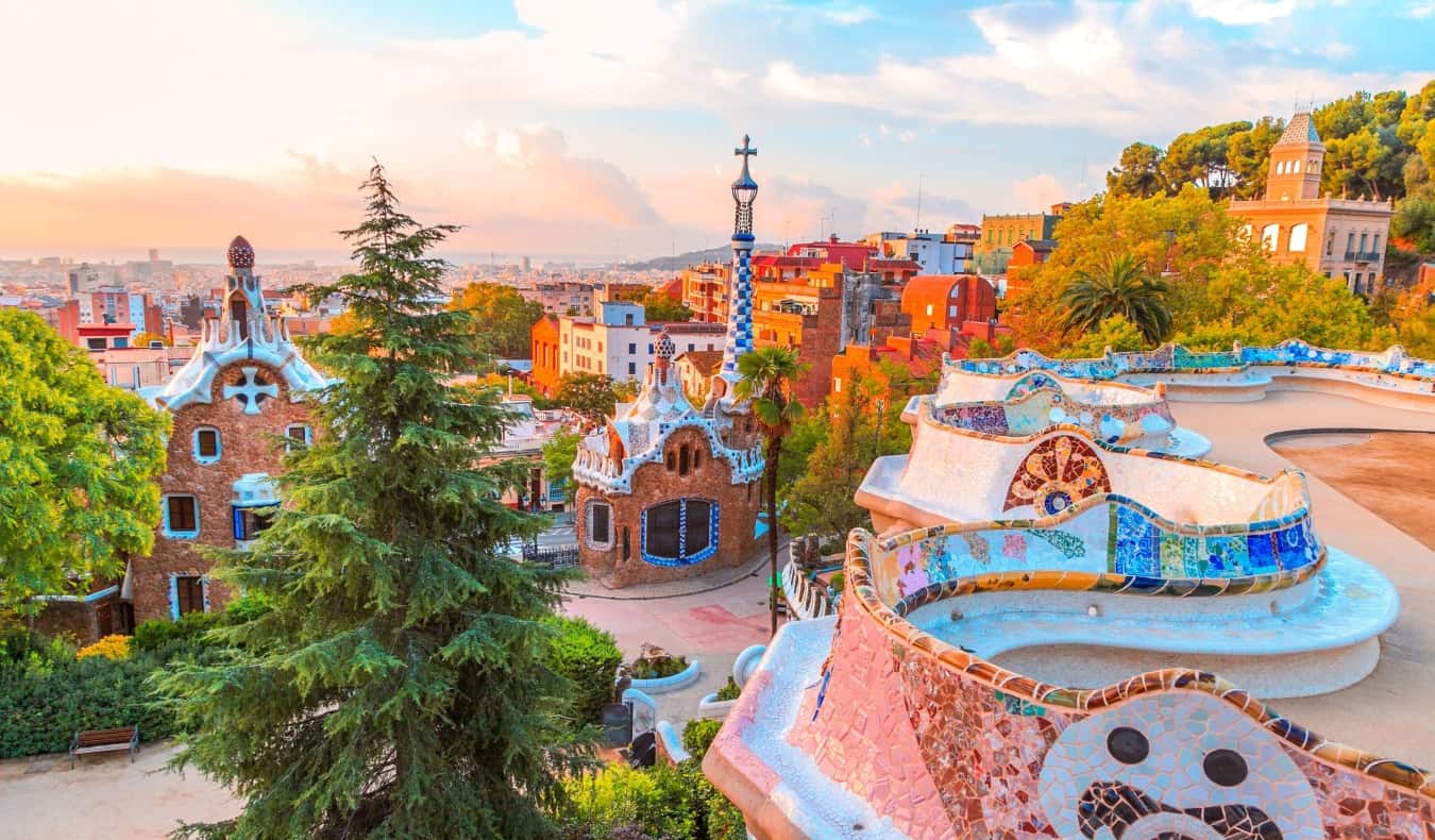 The famous Park Güell with its whimsical architecture at sunset in Barcelona, Spain