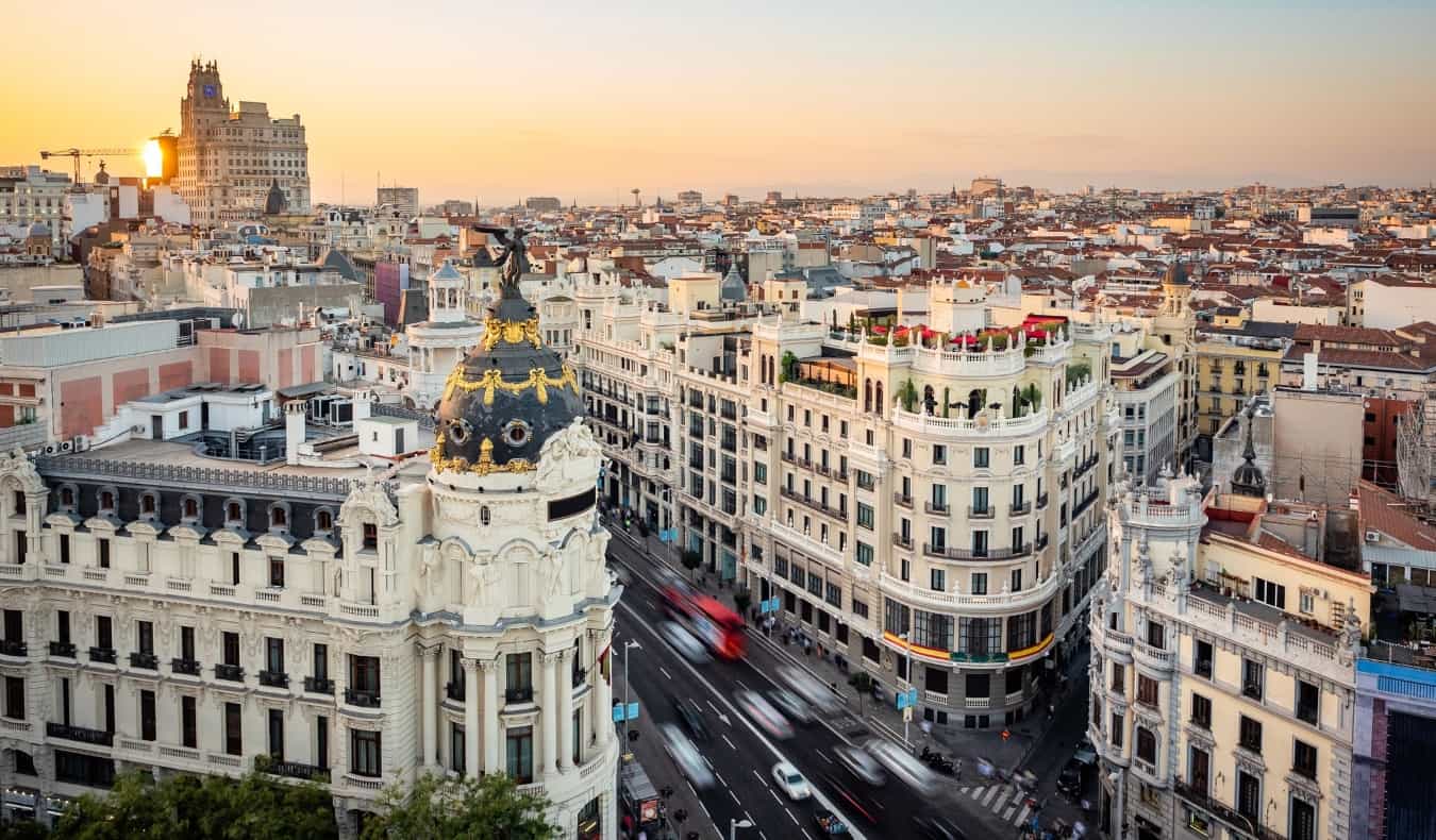 The historic skyline of Madrid, Spain at sunset