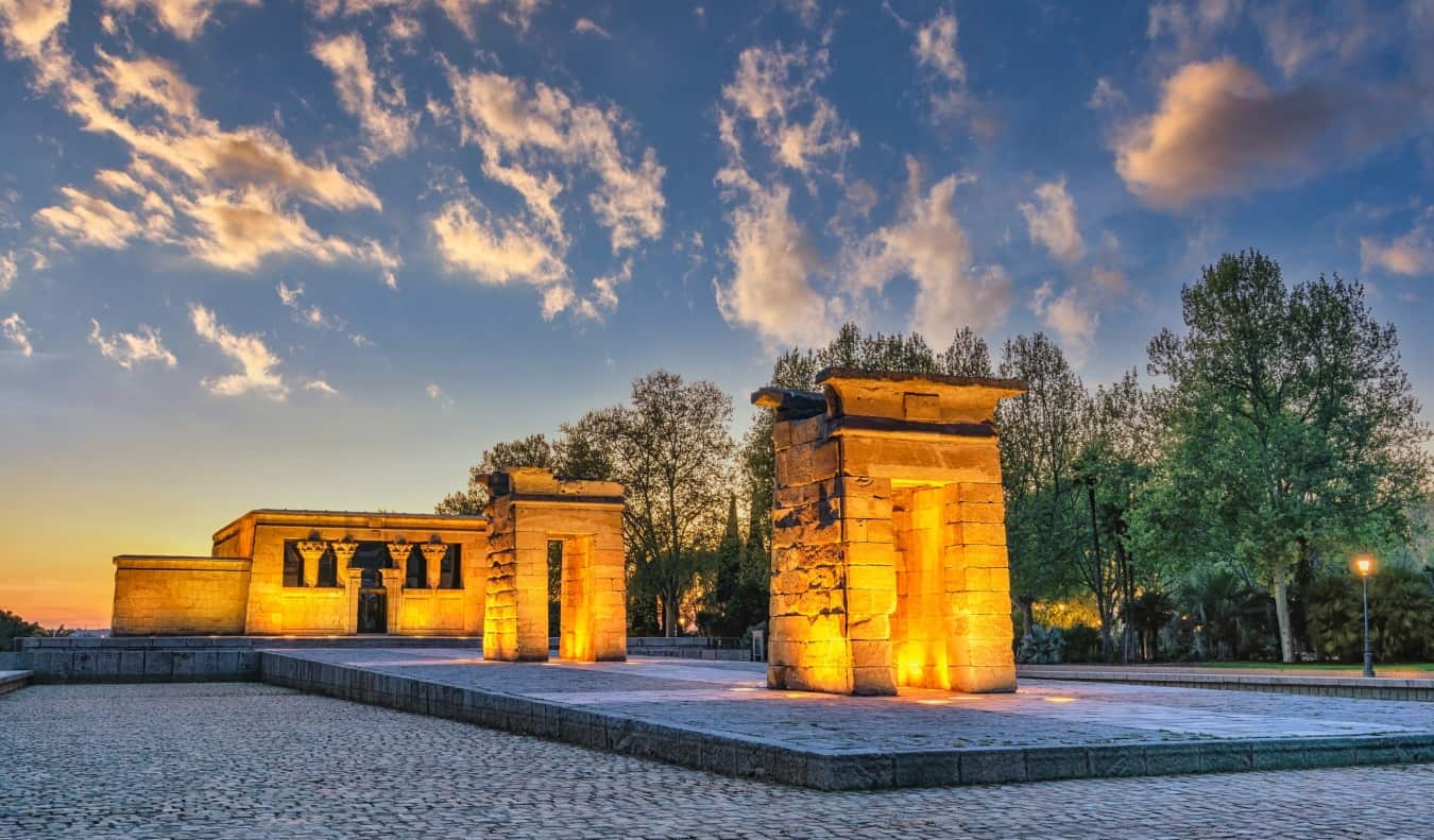 The ancient Temple of Debod lit up at night in Madrid, Spain