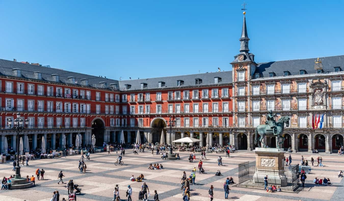 The expansive Plaza Mayor, a historic plaza in Madrid, Spain