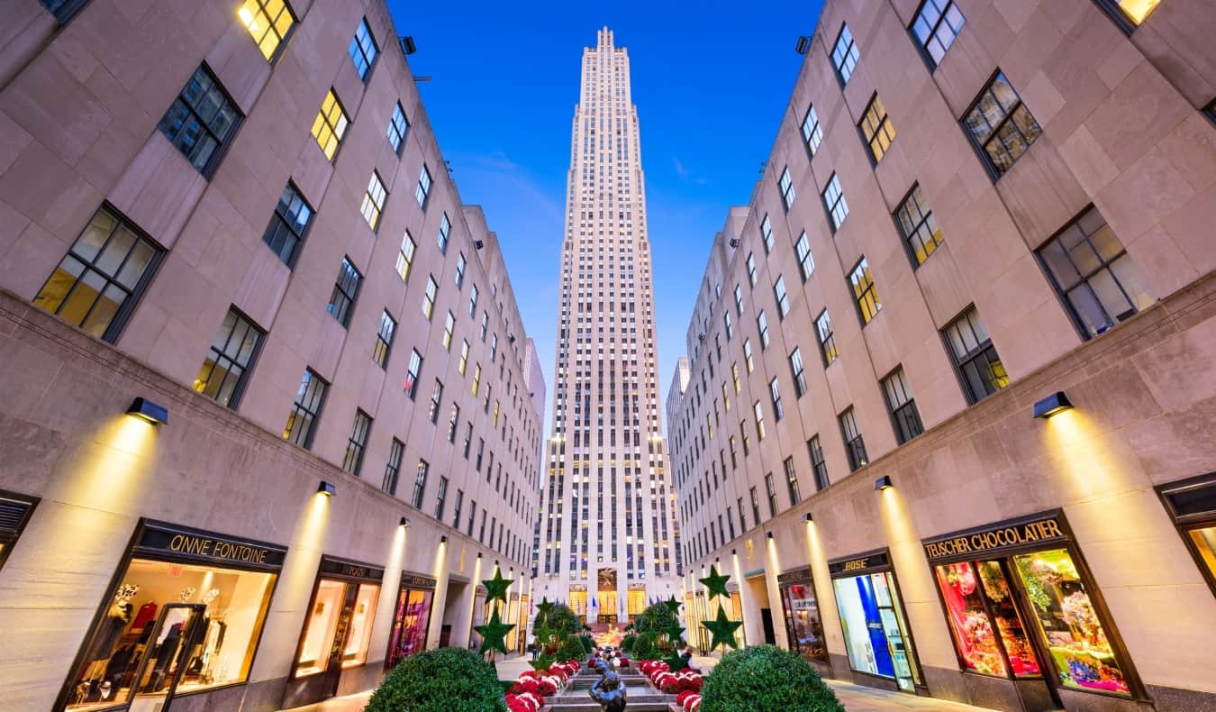 The Rockefeller Center in New York City all lit up at night