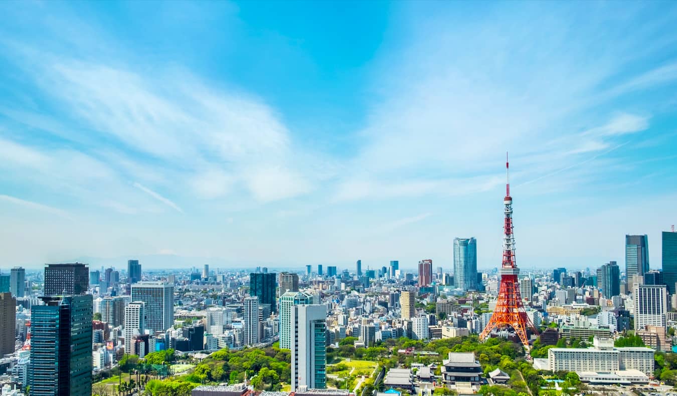 The sprawling skyline of Tokyo, Japan with the famous Tokyo Tower in view