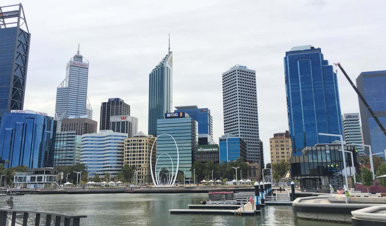 The skyline of Perth, Australia near the coast in the summer