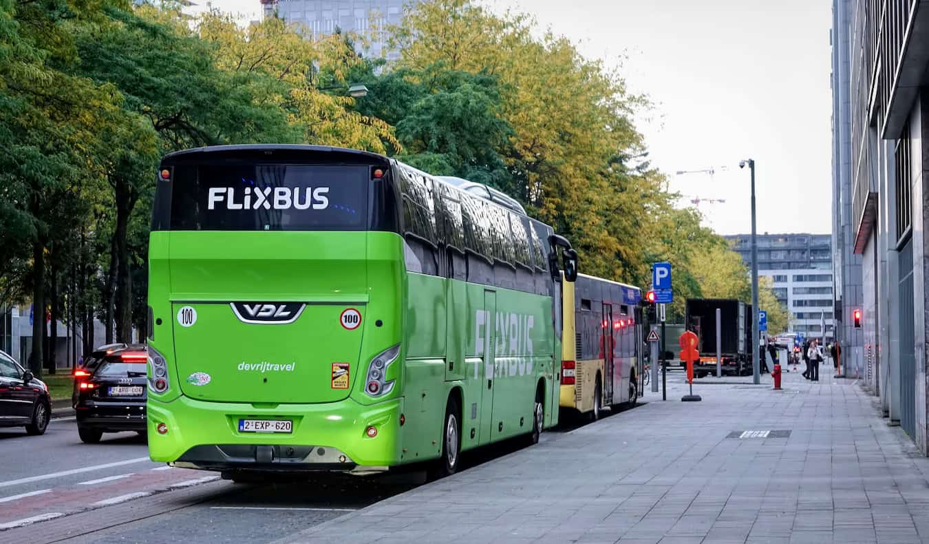 A FlixBus bus on the road in Europe during the summer