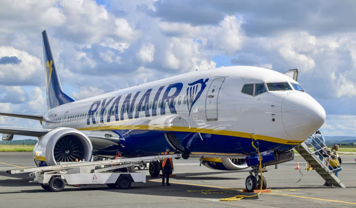 A Ryanair flight taking off in Europe during summer