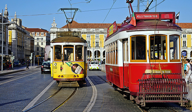 colorful trams in lisbon