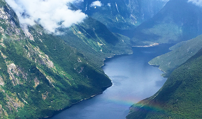 A view of the fjord from the seaplane flying over Fiordland in New Zealand