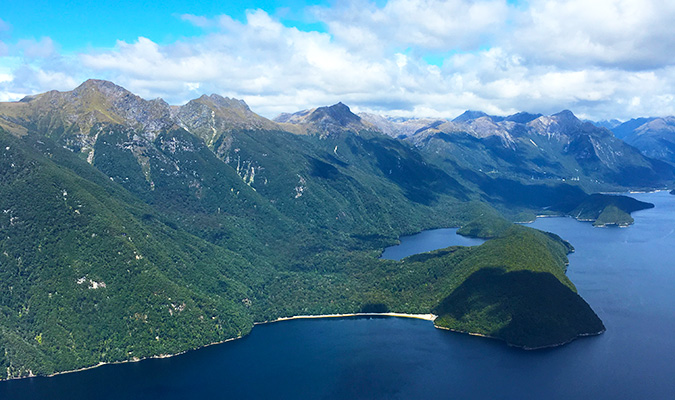 A view of the fjord from the seaplane flying over Fiordland in New Zealand