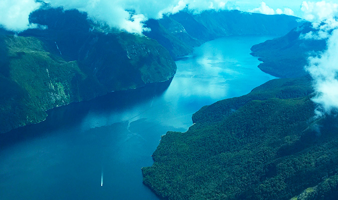 A view of the fjord from the seaplane flying over Fiordland in New Zealand