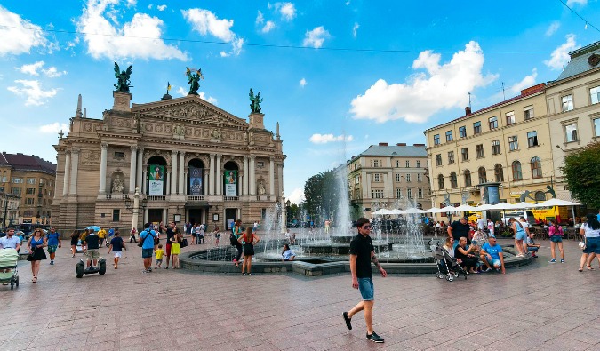 A busy city square on a sunny dau in Ukraine