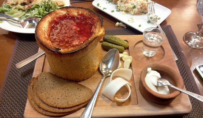 A plate of local food at a small restaurant in Kiev