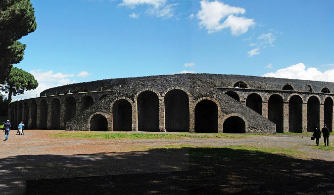 The amphitheater in Pompeii as seen from above in the spring